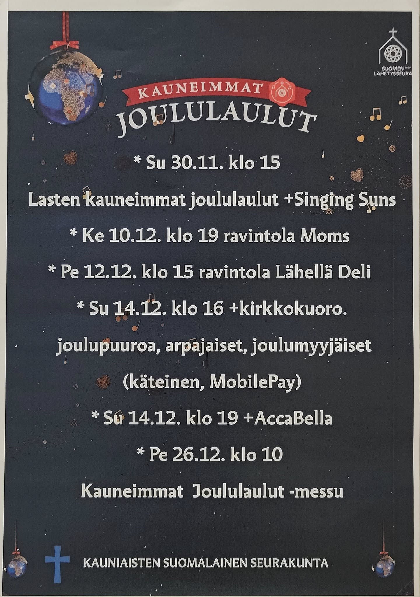 Kauneimmat Joululaulut -tapahtuma-aikataulu