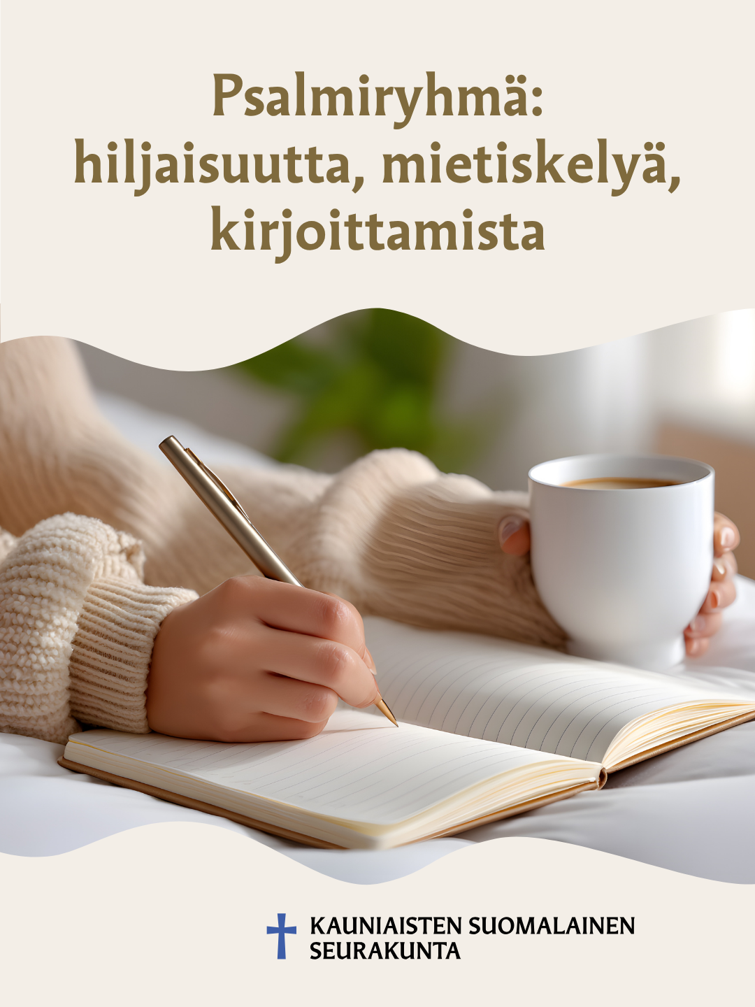 Kuvassa kädet, joista toinen pitelee teekuppia, toinen kirjoittaa muistikirjaan