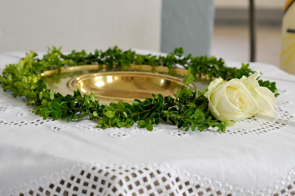 kastemalja ja valkoinen ruusu
