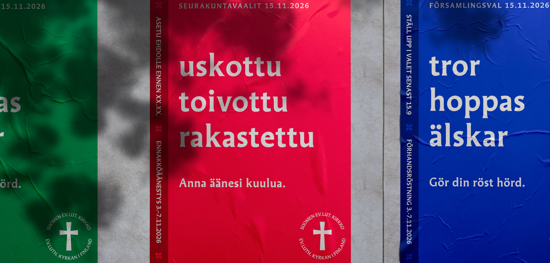 Kuva vuoden 2026 seurakuntavaalijulisteista, joissa kehotetaan äänestämään.